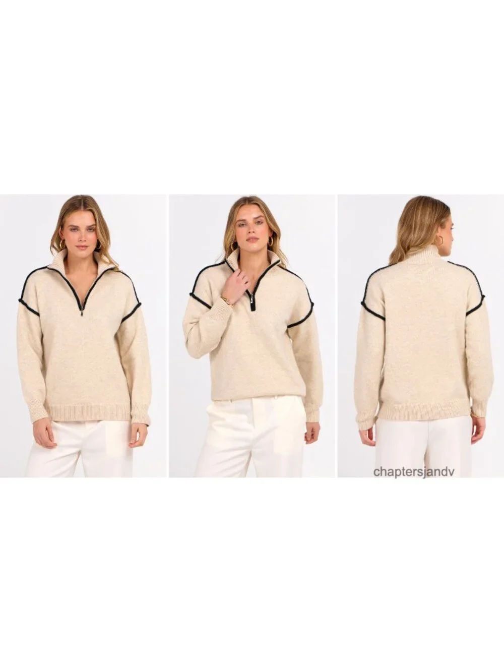 Women's Quarter Zip Pullover Sweater Loose Fit Knit V Neck Collared Fall